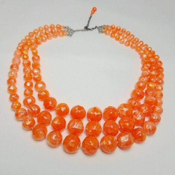 Vintage Bright Orange Three Strand Graduated Size Beaded Necklace, Adjustable - Picture 7 of 8
